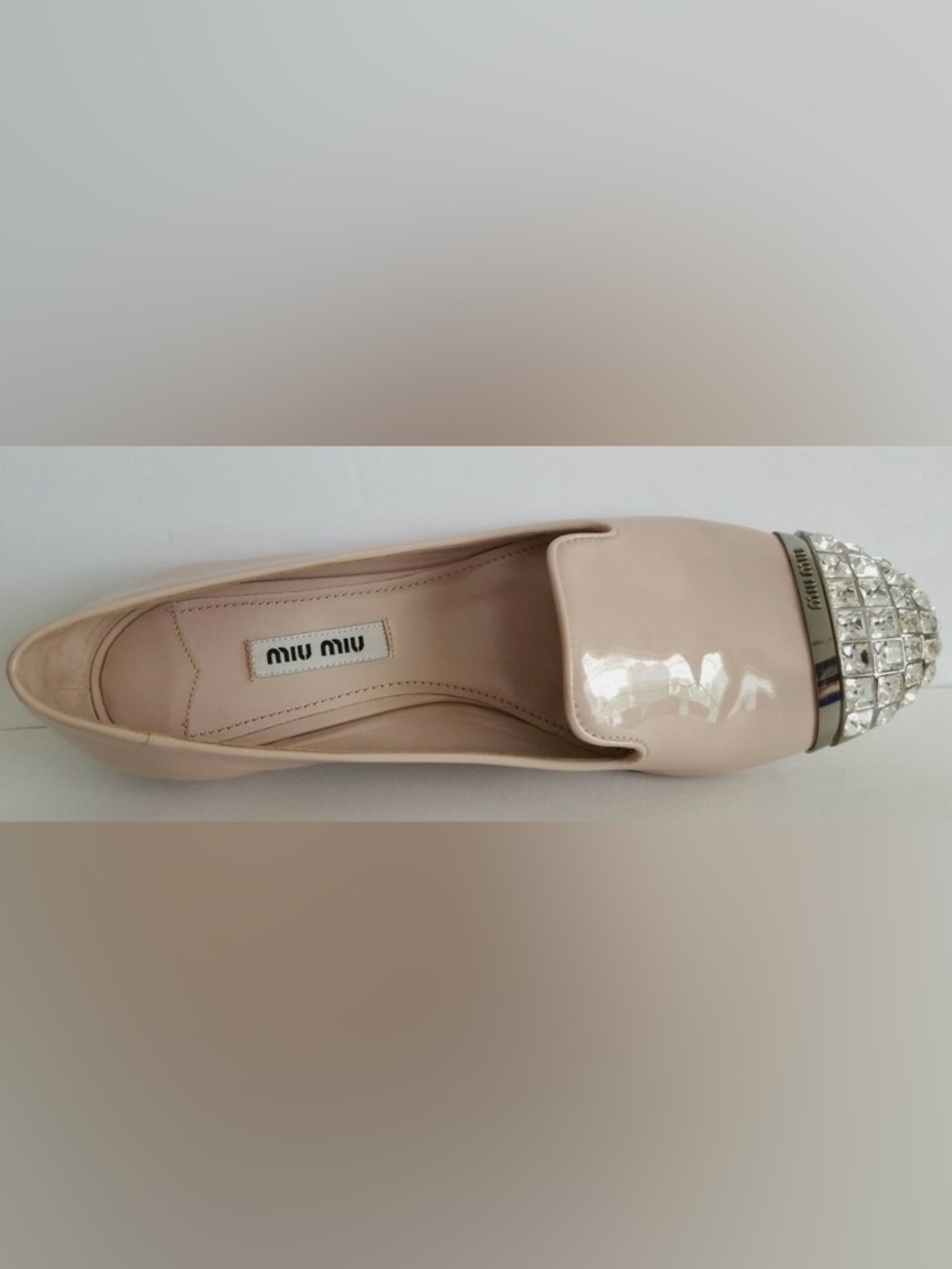Miu Miu Blush Patent Leather smoking slipper with Crystal Cap Toe